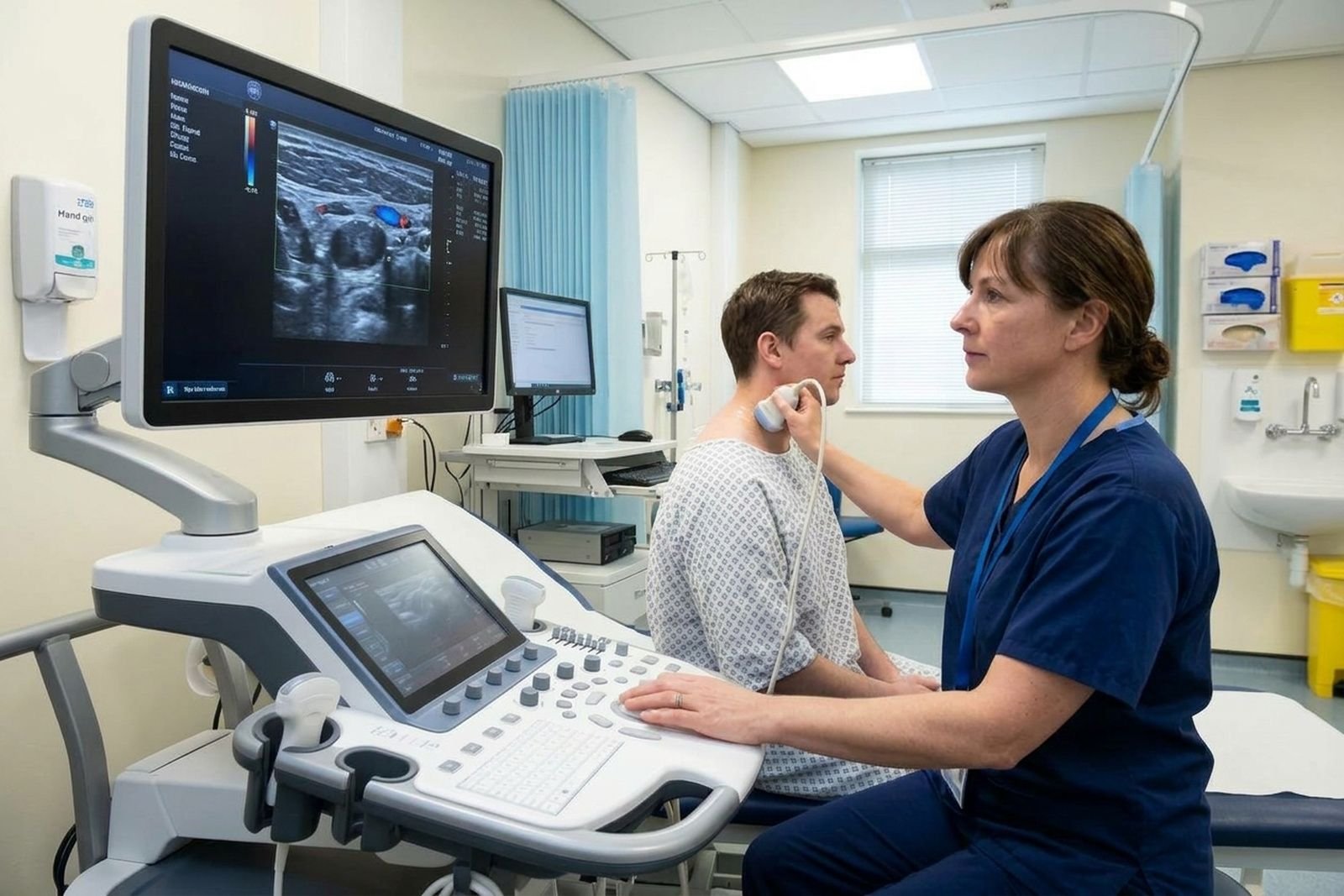 A sonographer scanning the neck arteries with ultrasound