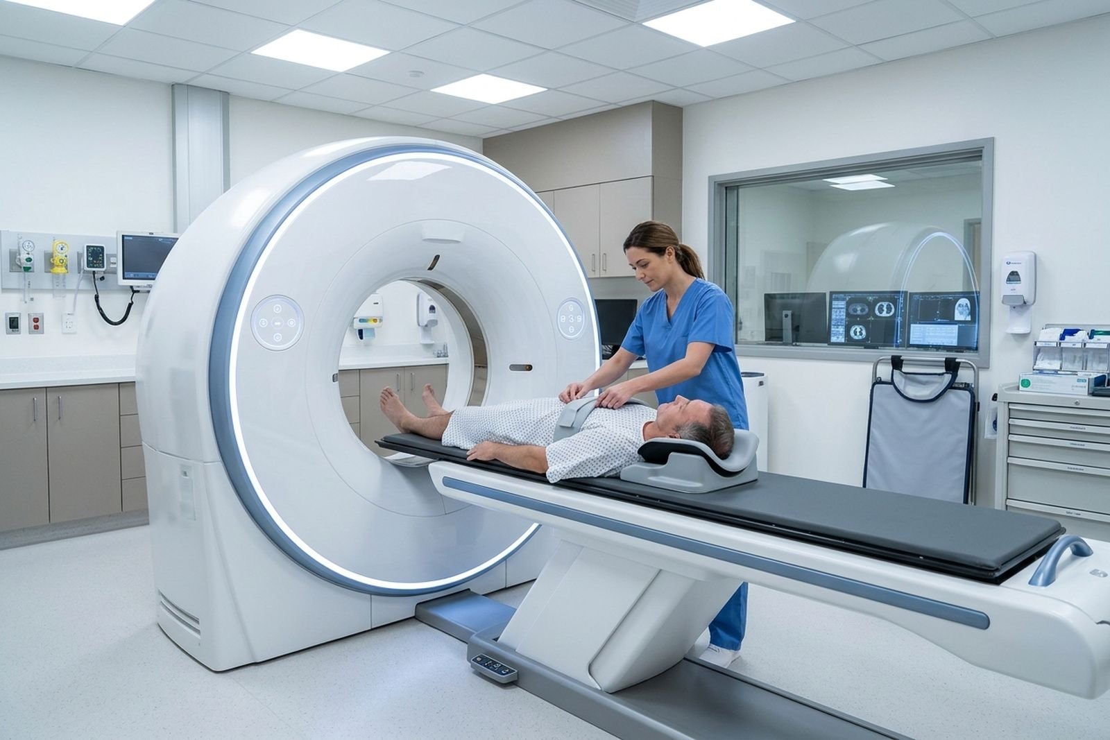 A radiographer preparing a patient for a CT scan