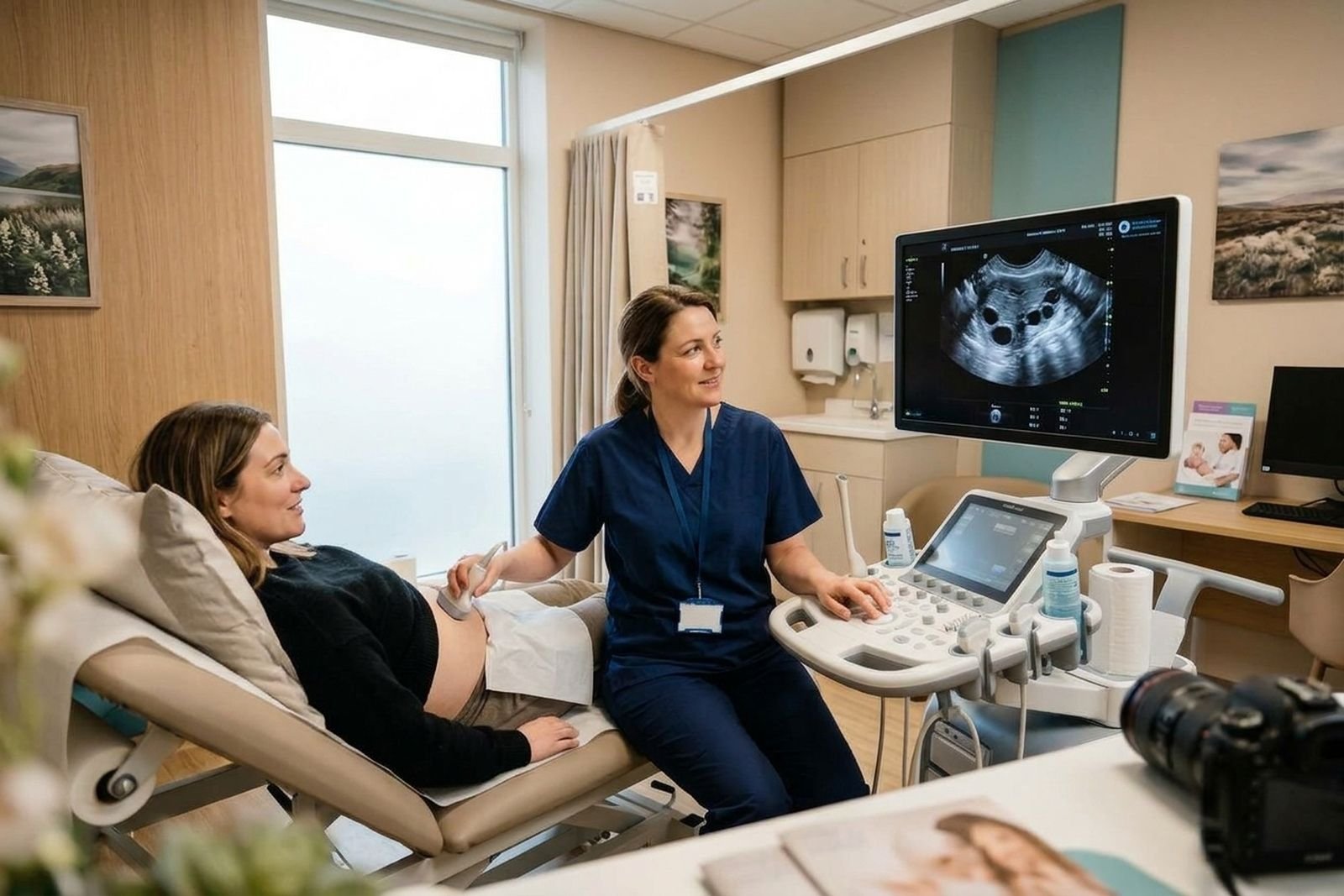 A sonographer showing a woman her pelvic ultrasound scan