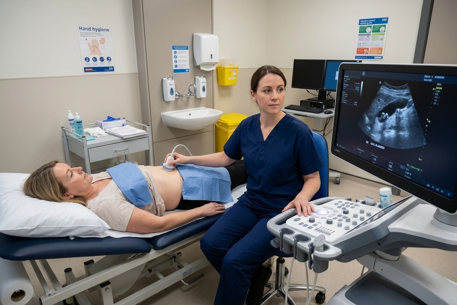 A sonographer scanning a woman's gallbladder with ultrasound