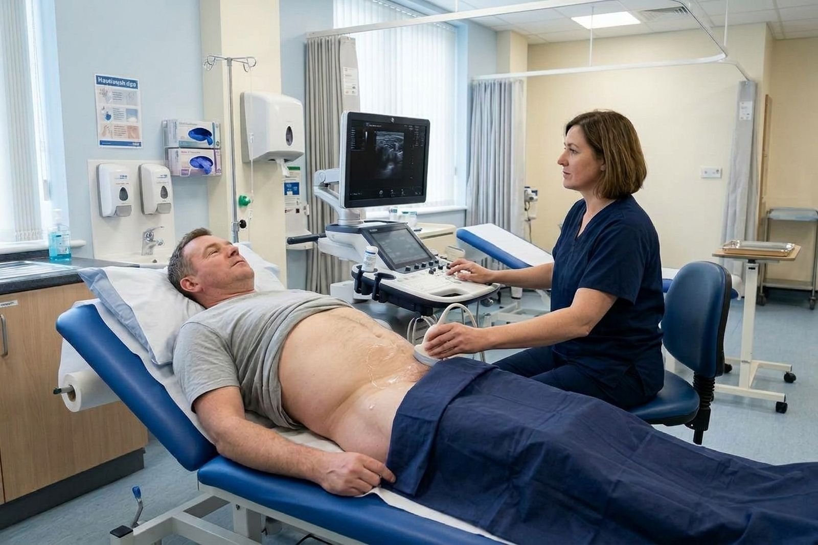 A sonographer carrying out an abdominal ultrasound on a man