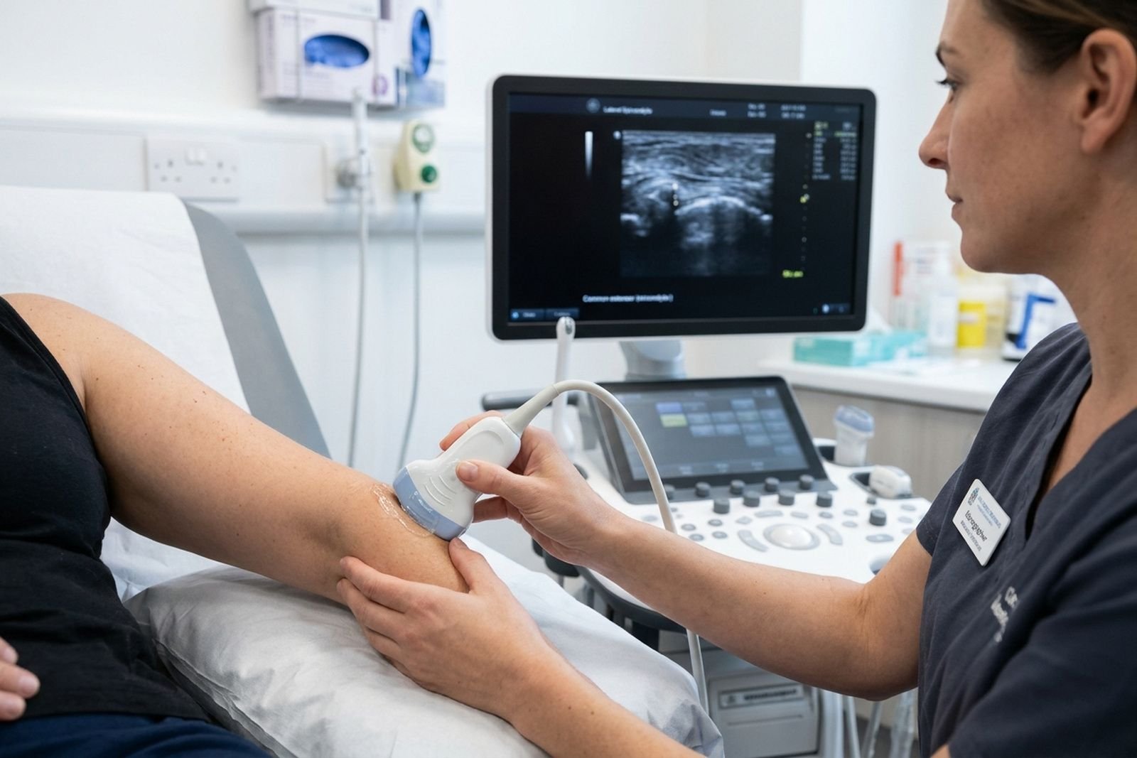 A sonographer scanning the outside of the elbow with ultrasound