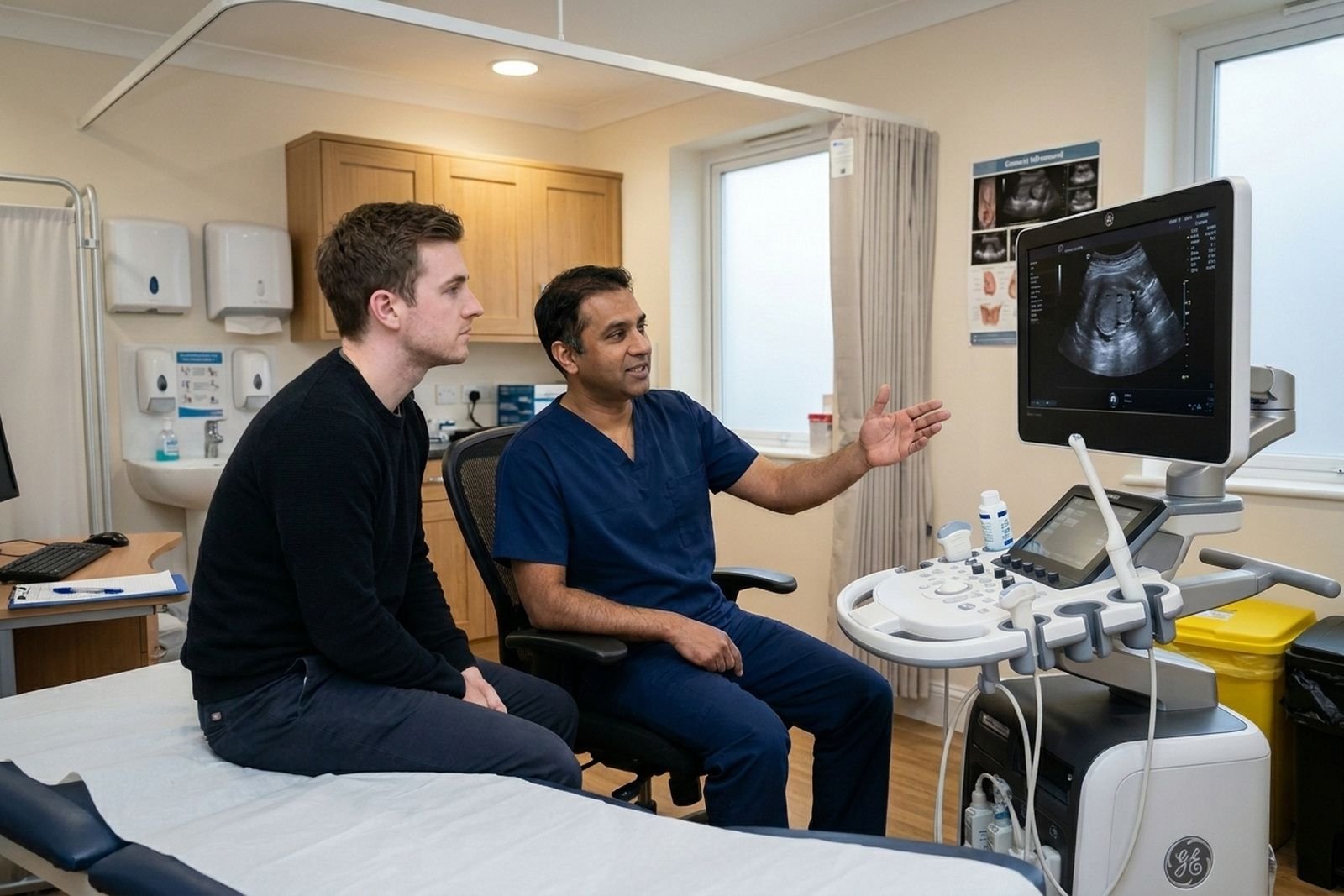 A sonographer talking a patient through his ultrasound images
