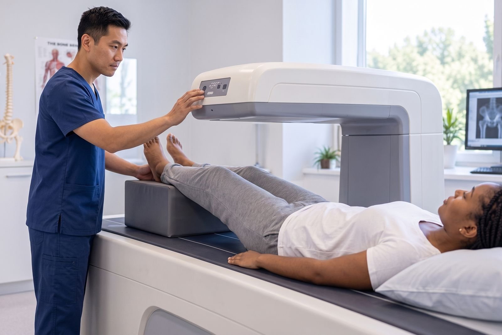 A radiographer positioning a patient for a DEXA scan