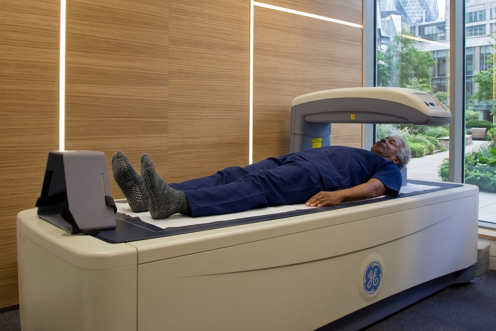 A patient lying on a DEXA scanner table