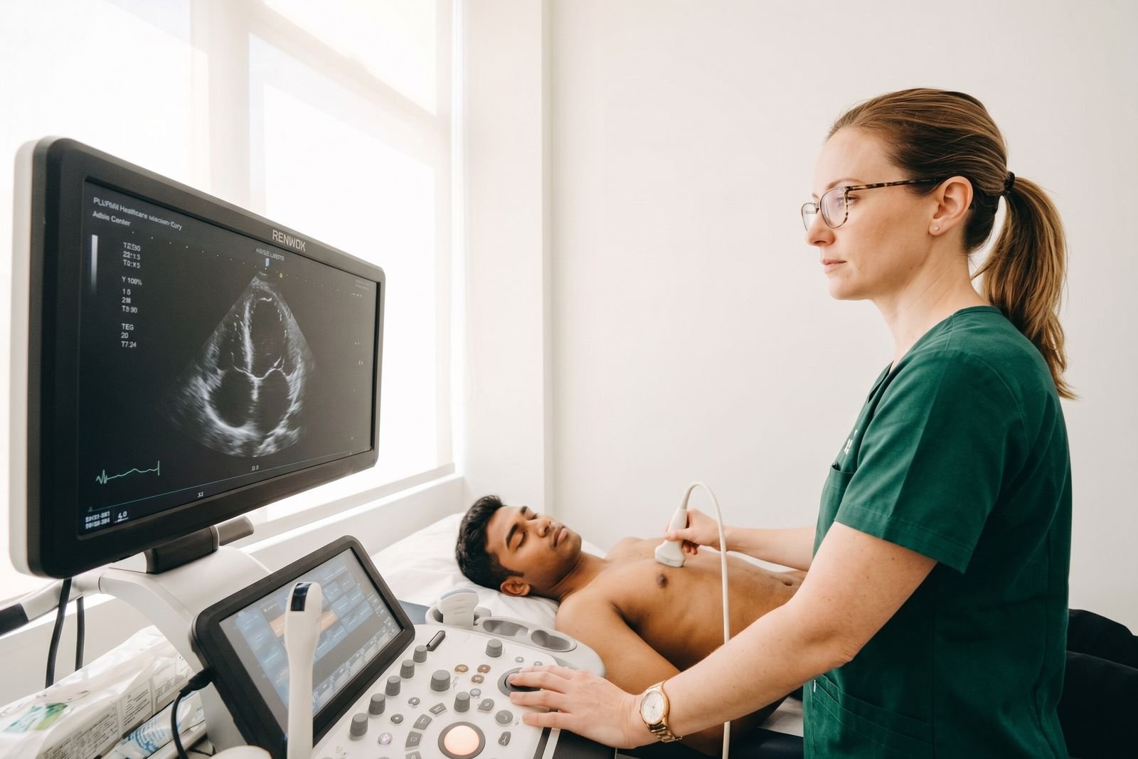 A sonographer carrying out an echocardiogram